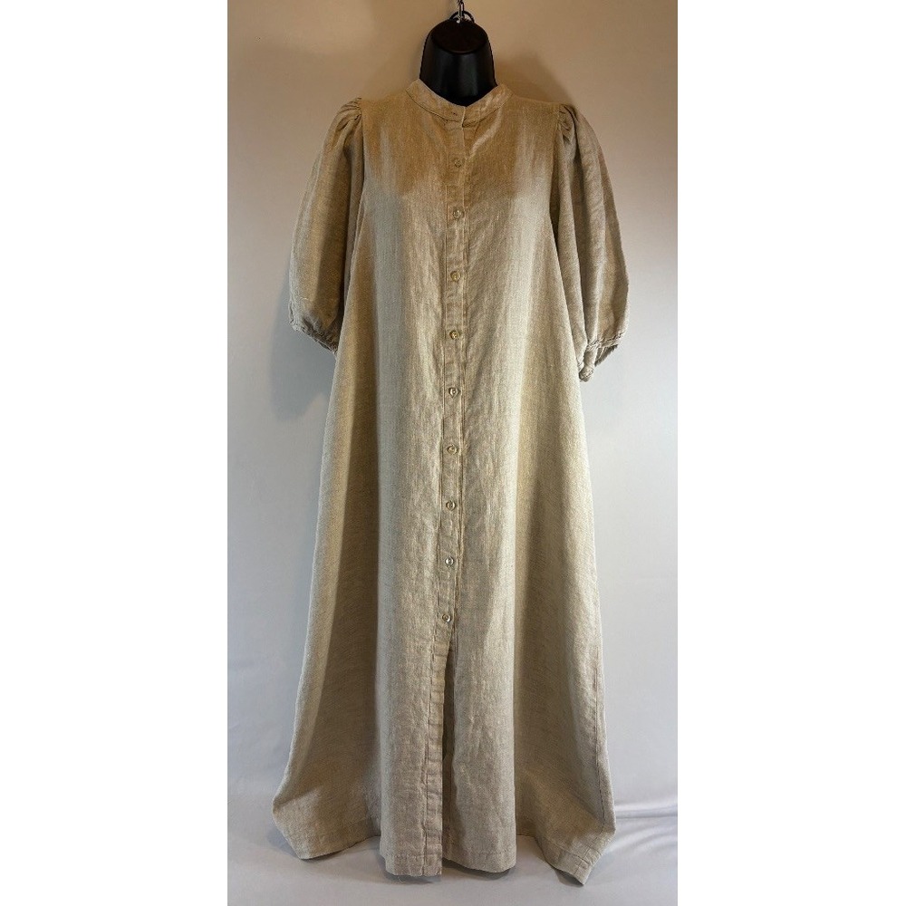 Lanhtropy Natural Linen Maxi Dress Sz M Minimalist Button-Front
